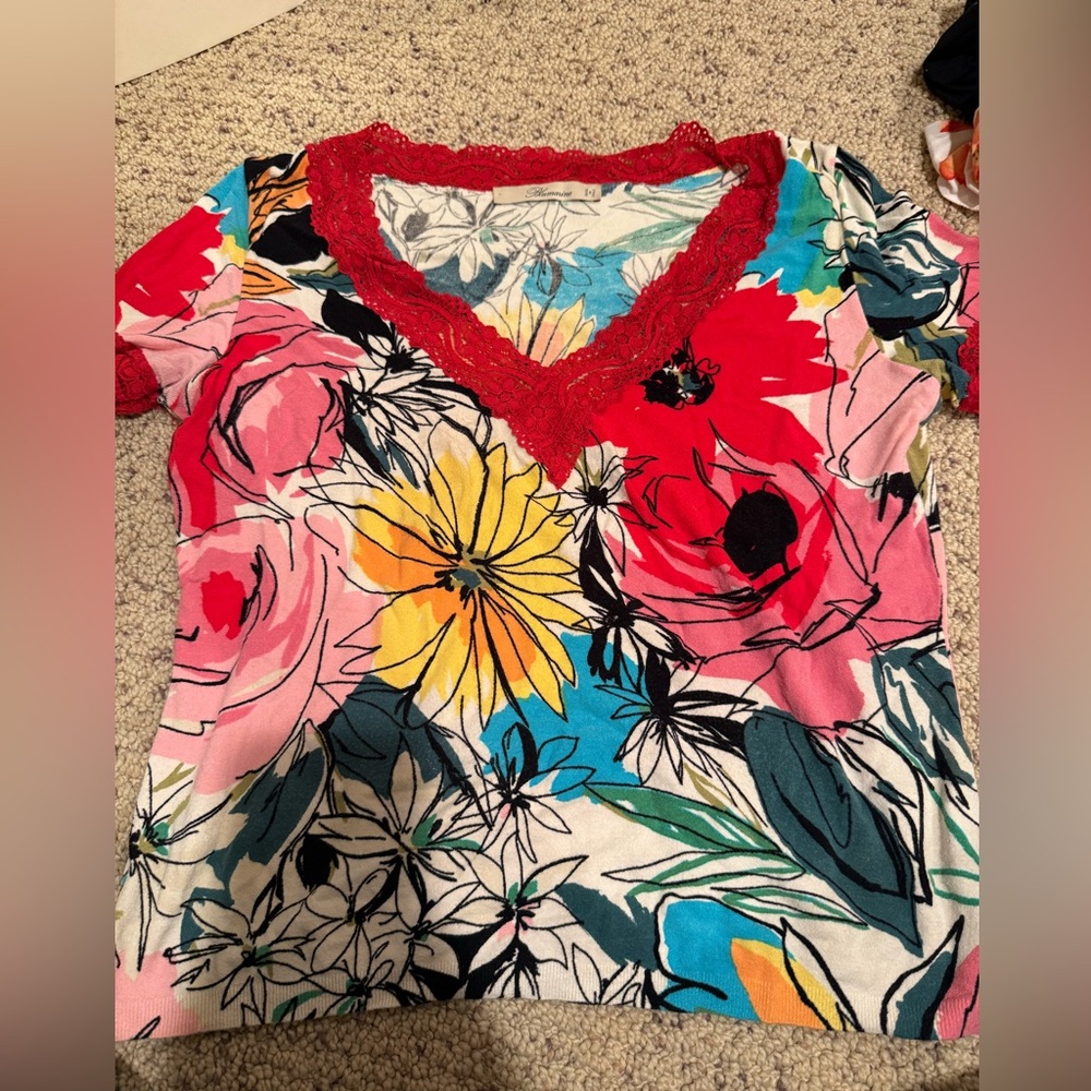 Blumarine Floral Lace V-Neck Women's Top - Red, Pink, Blue